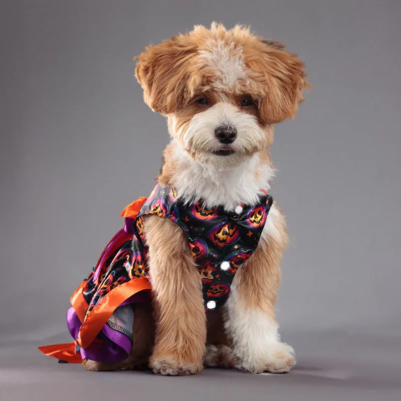 Halloween pet skirt for dogs with colourful pumpkin or skull print on double-layer polyester