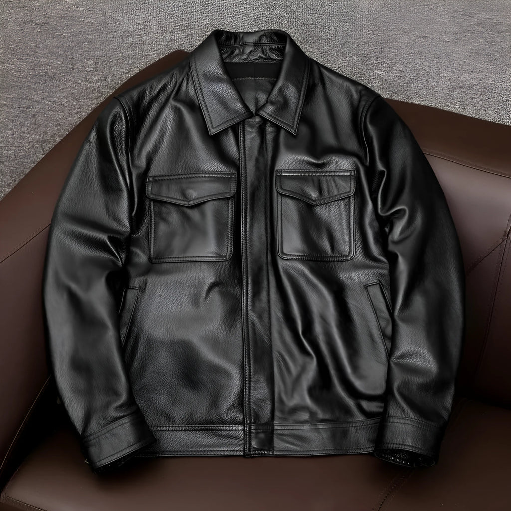 Men's black plus size lapel short leather jacket with side seam pockets, shown in a loose casual fit.