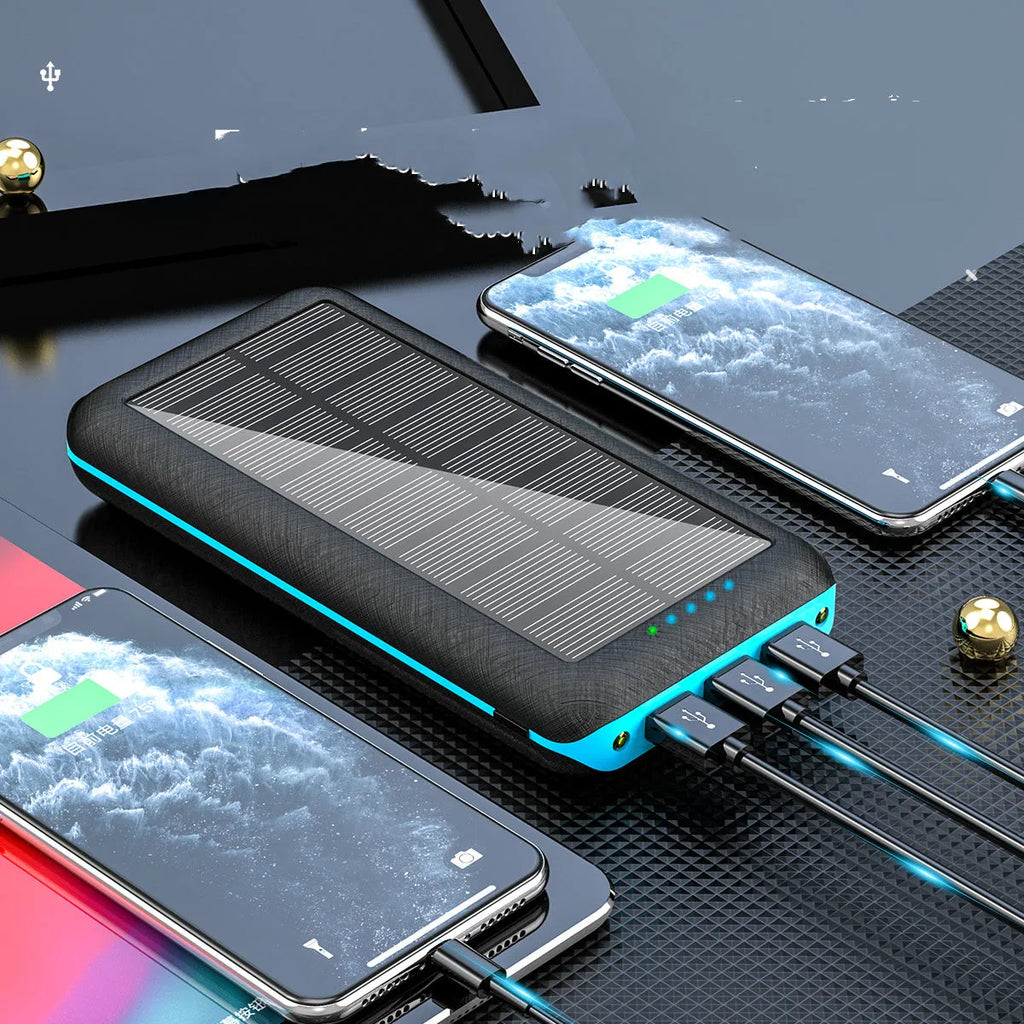 Solar power bank with wireless charging surface, three USB ports, and LED flashlight in black colour