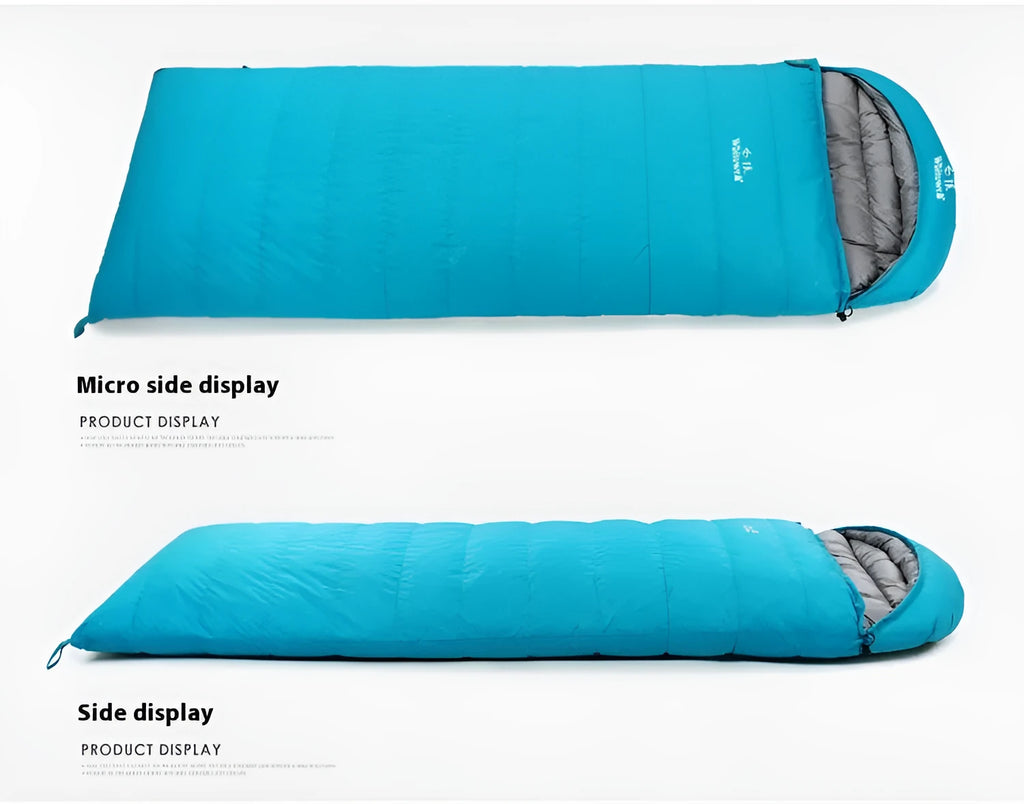 Black outdoor sleeping bag with goose down filler and tear-resistant nylon fabric shown unzipped.