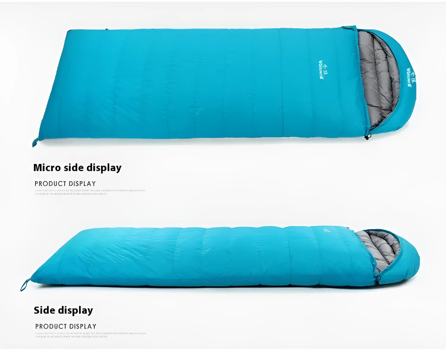 Black outdoor sleeping bag with goose down filler and tear-resistant nylon fabric shown unzipped.