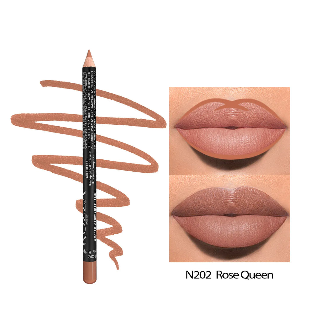 Matte finish lip liner pencil in wooden tone showing waterproof 24-hour formula
