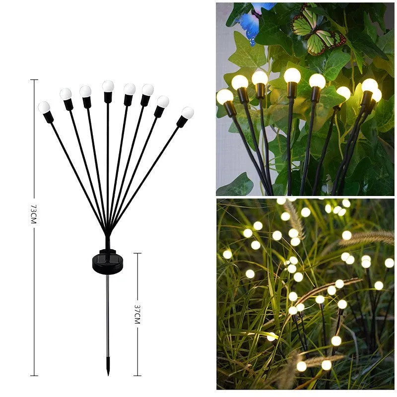 Solar-powered LED firefly ground lamp with multiple light heads for garden pathway illumination