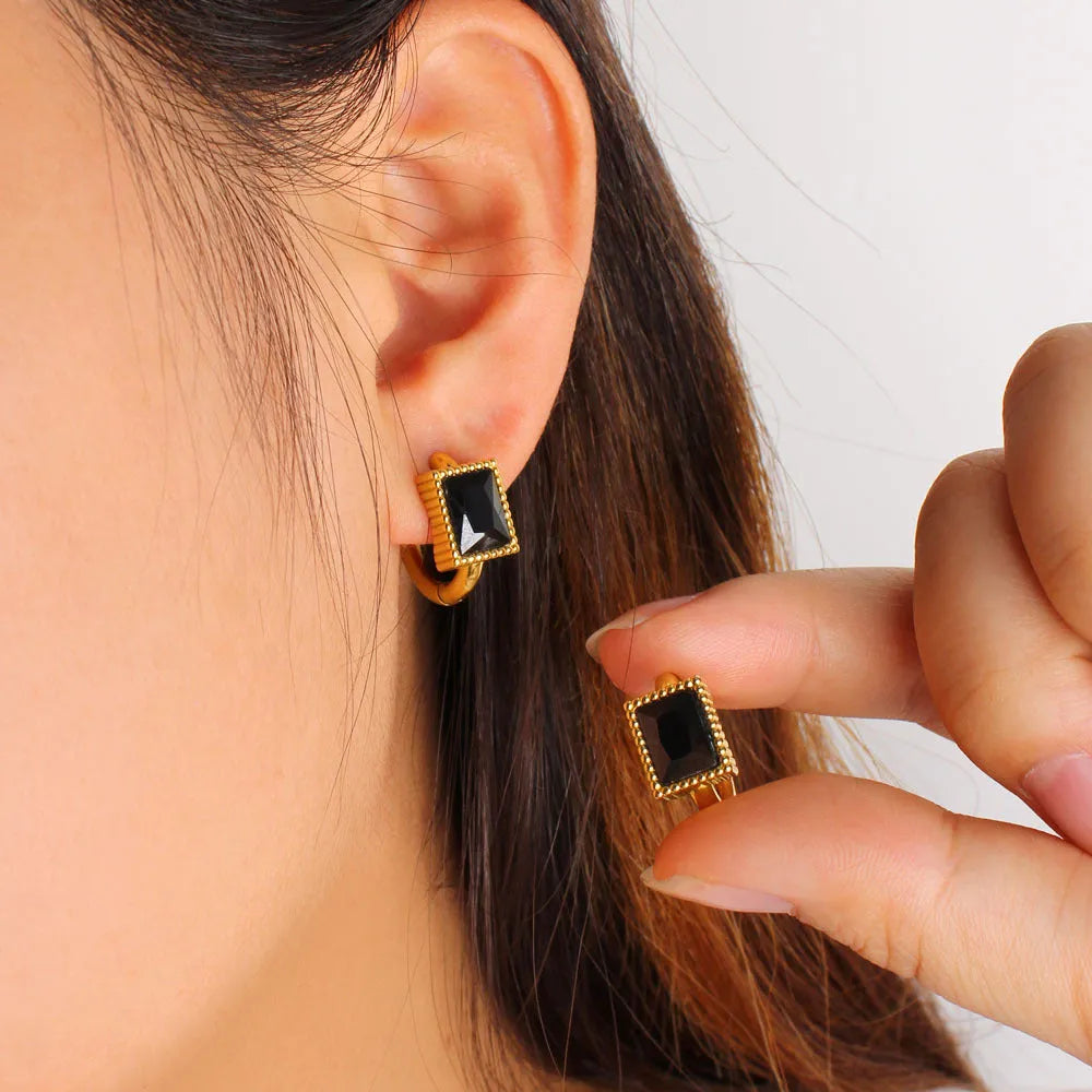 Square zircon stainless steel earrings with geometric design in white, black or green colours