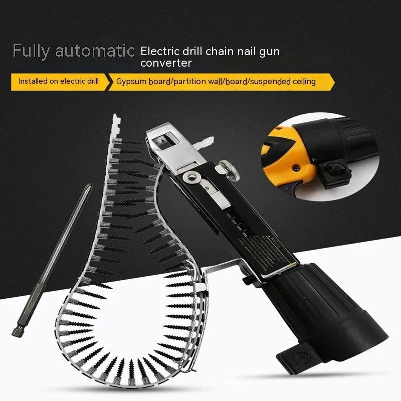 Chain screw gun head automatic nail gun electric screwdriver set with metal head, cross head bit, and gun rack.