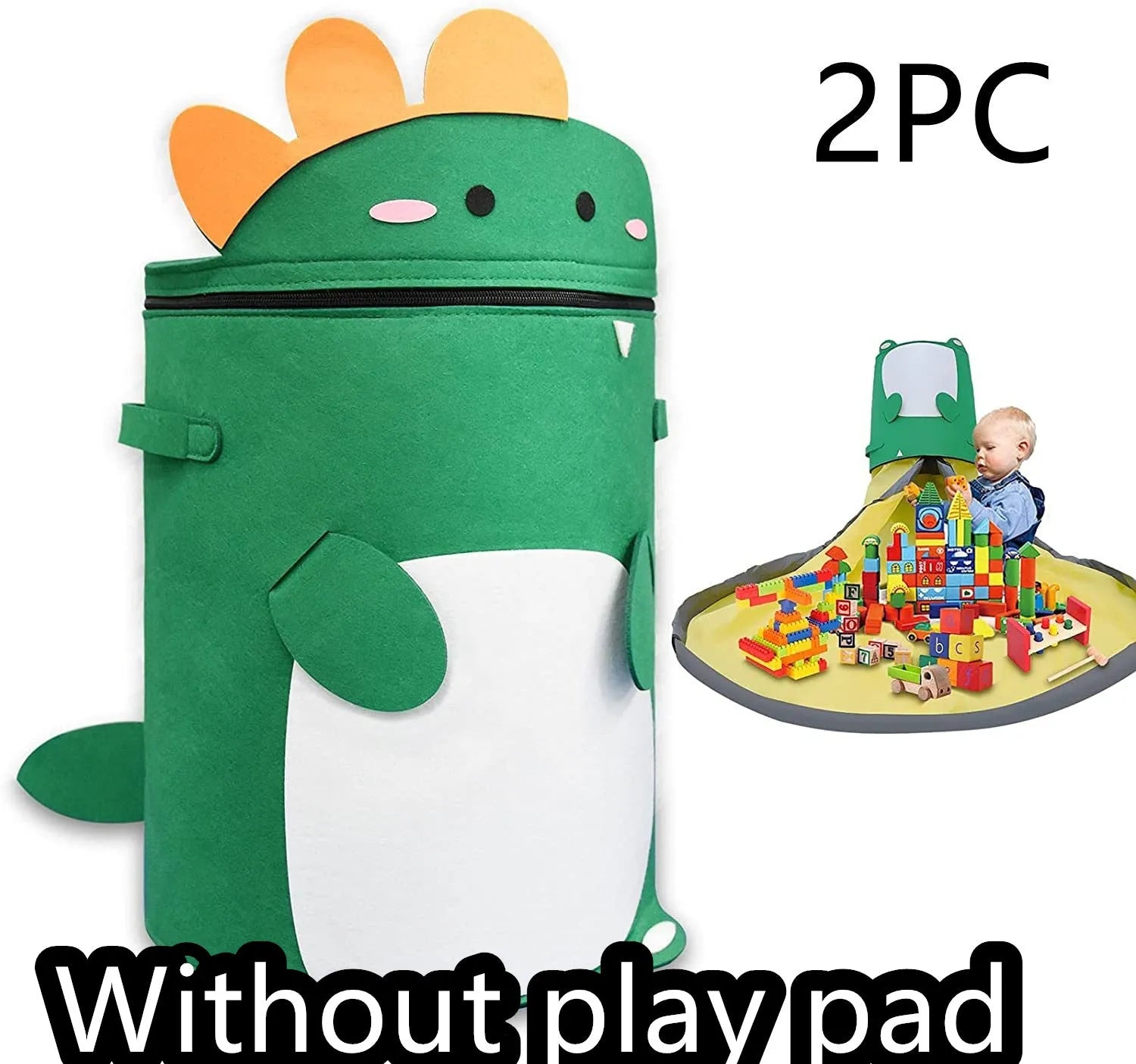 Green cube-shaped felt storage bag with a pull rope, shown as a toy organiser and play mat.