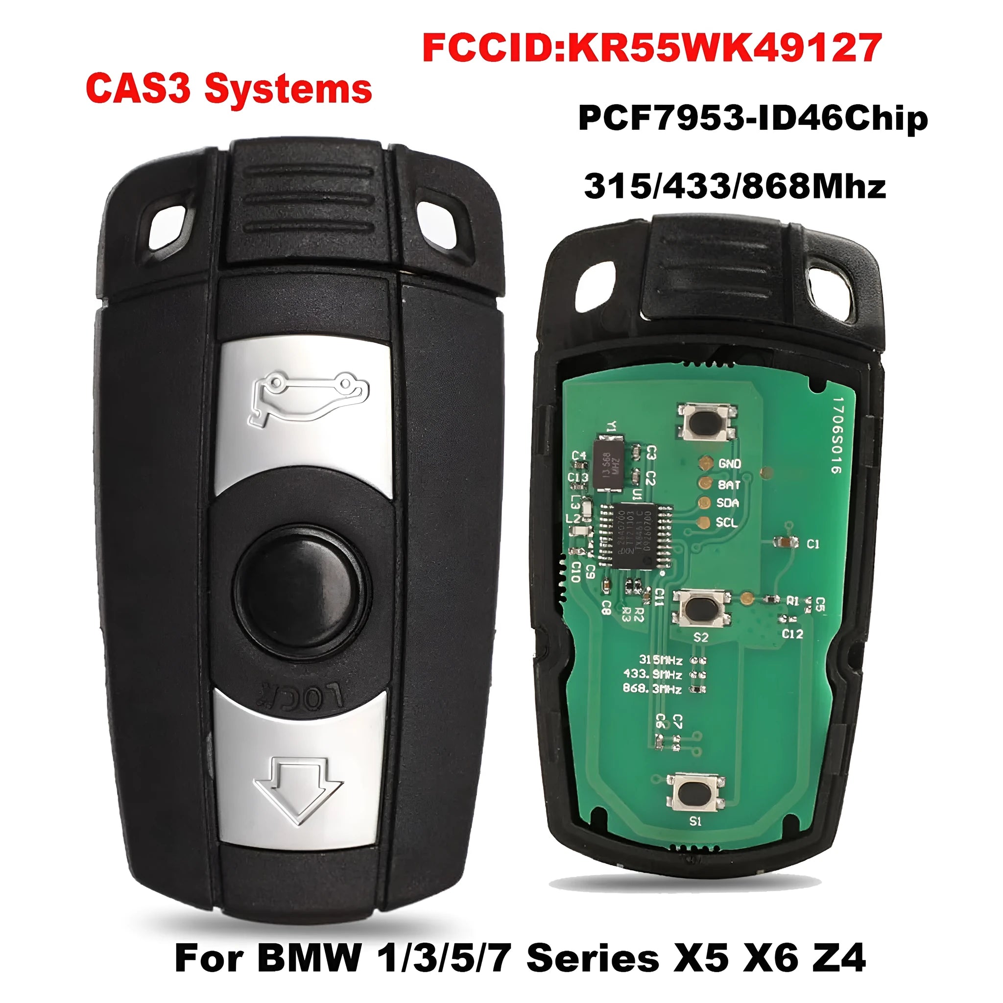 BMW semi-intelligent remote car key fob replacement unit containing three keys.