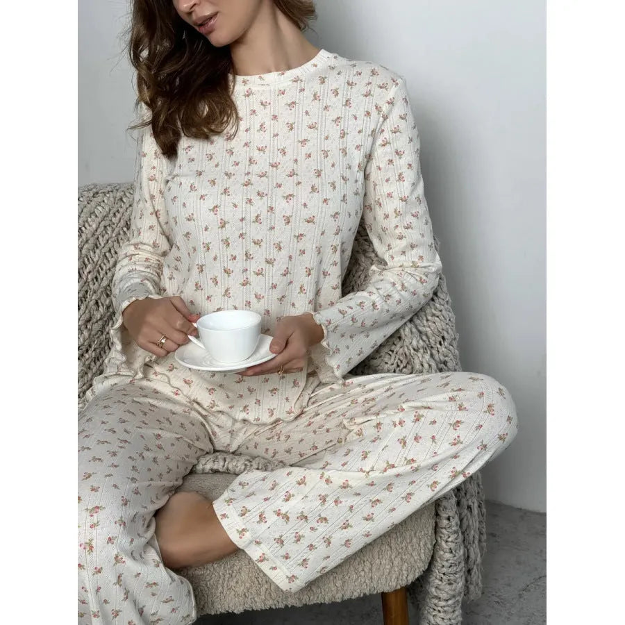 White floral print women's pyjama suit with bell sleeve top and wide-leg trousers
