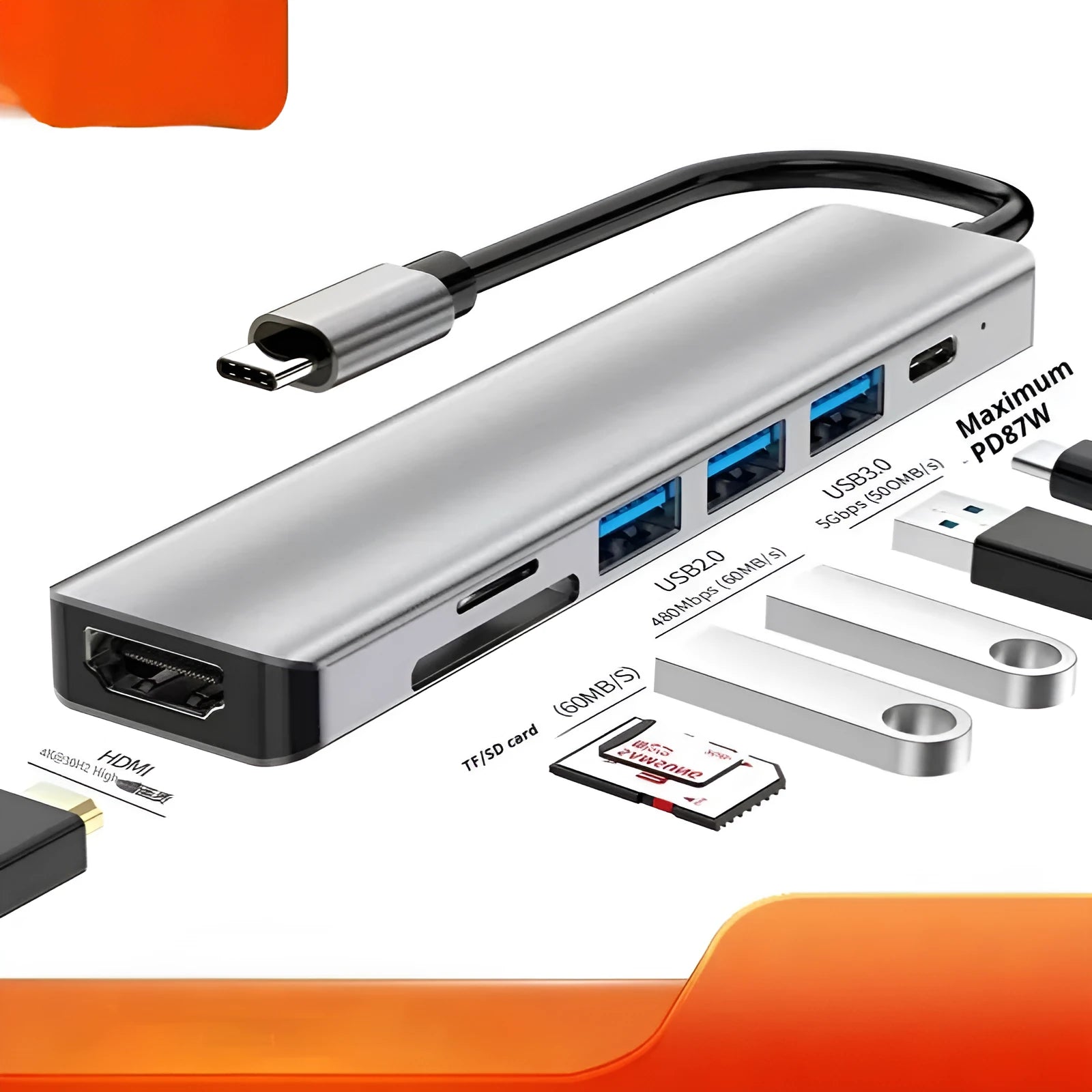USB-C 7-in-1 expansion dock with HDMI port, multiple USB ports, and a 15cm black cable.