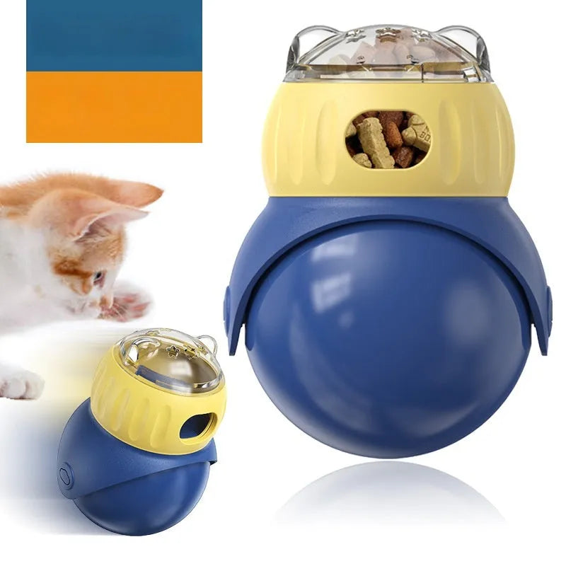 Yellow and blue owl-shaped plastic tumbler cat feeder toy for interactive feeding
