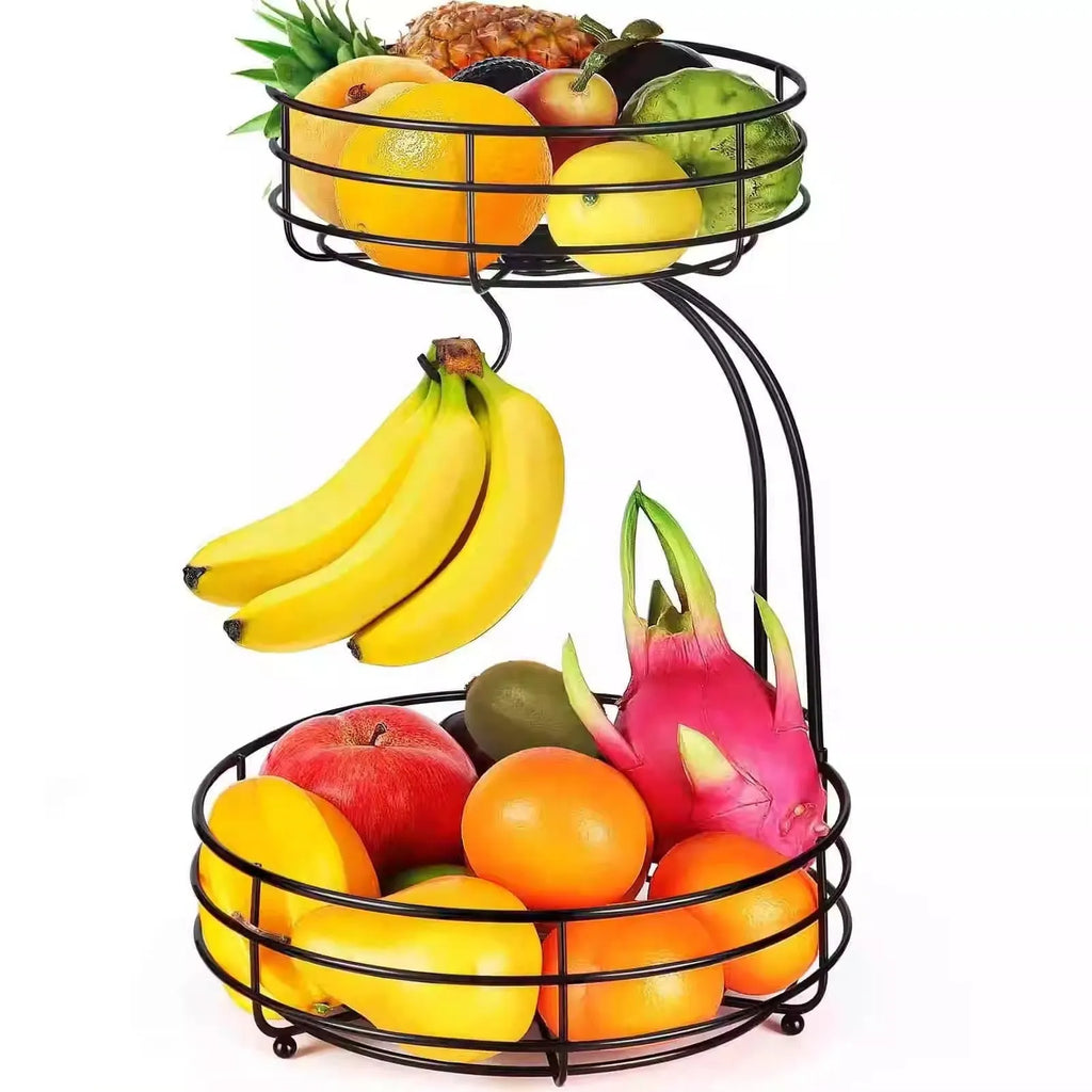Black wrought iron double-layer fruit basket with open wire construction for air circulation