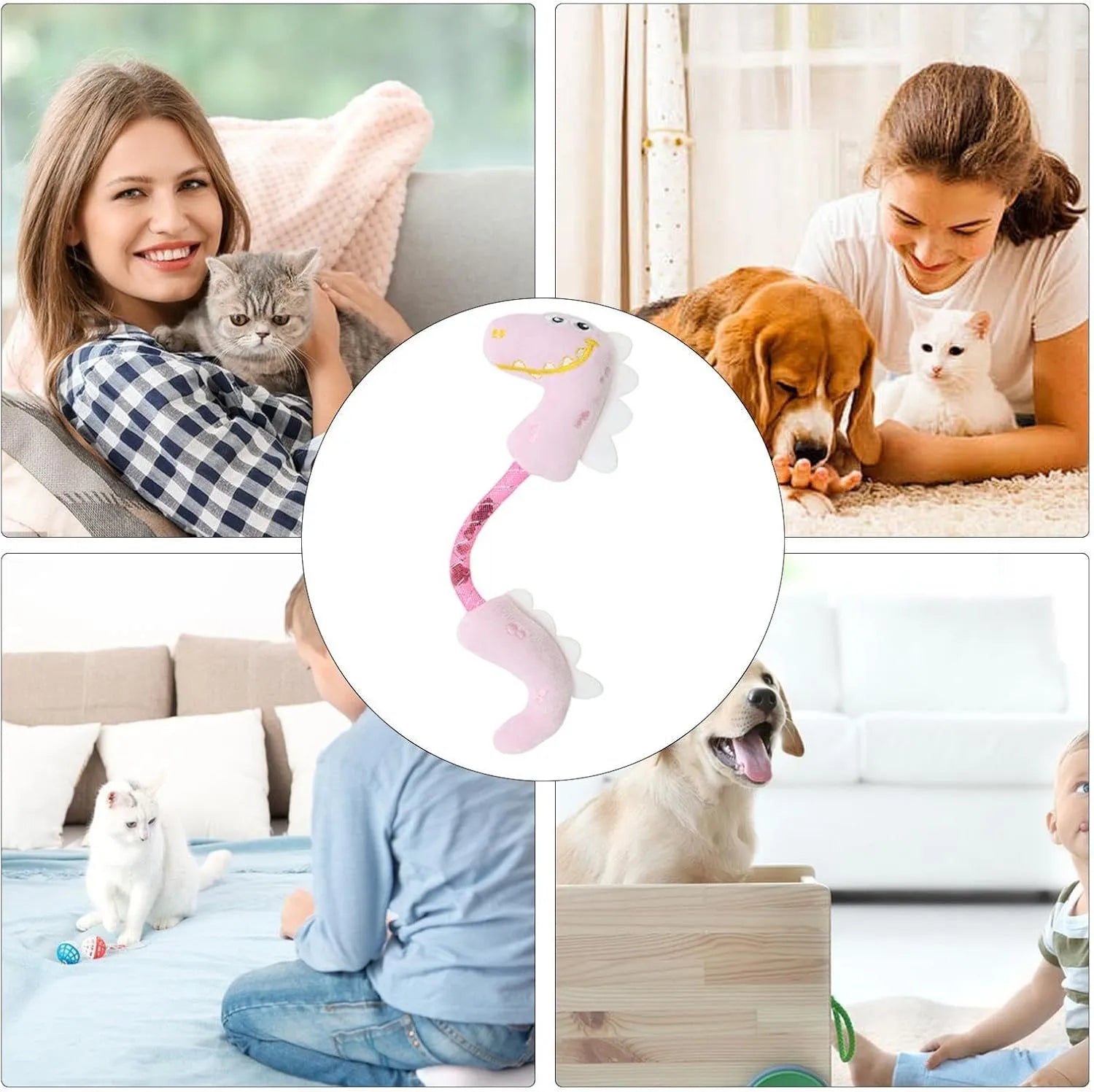 Set of four colourful plush cat toys including a fish, mouse, bunny, and rope on a plain background.