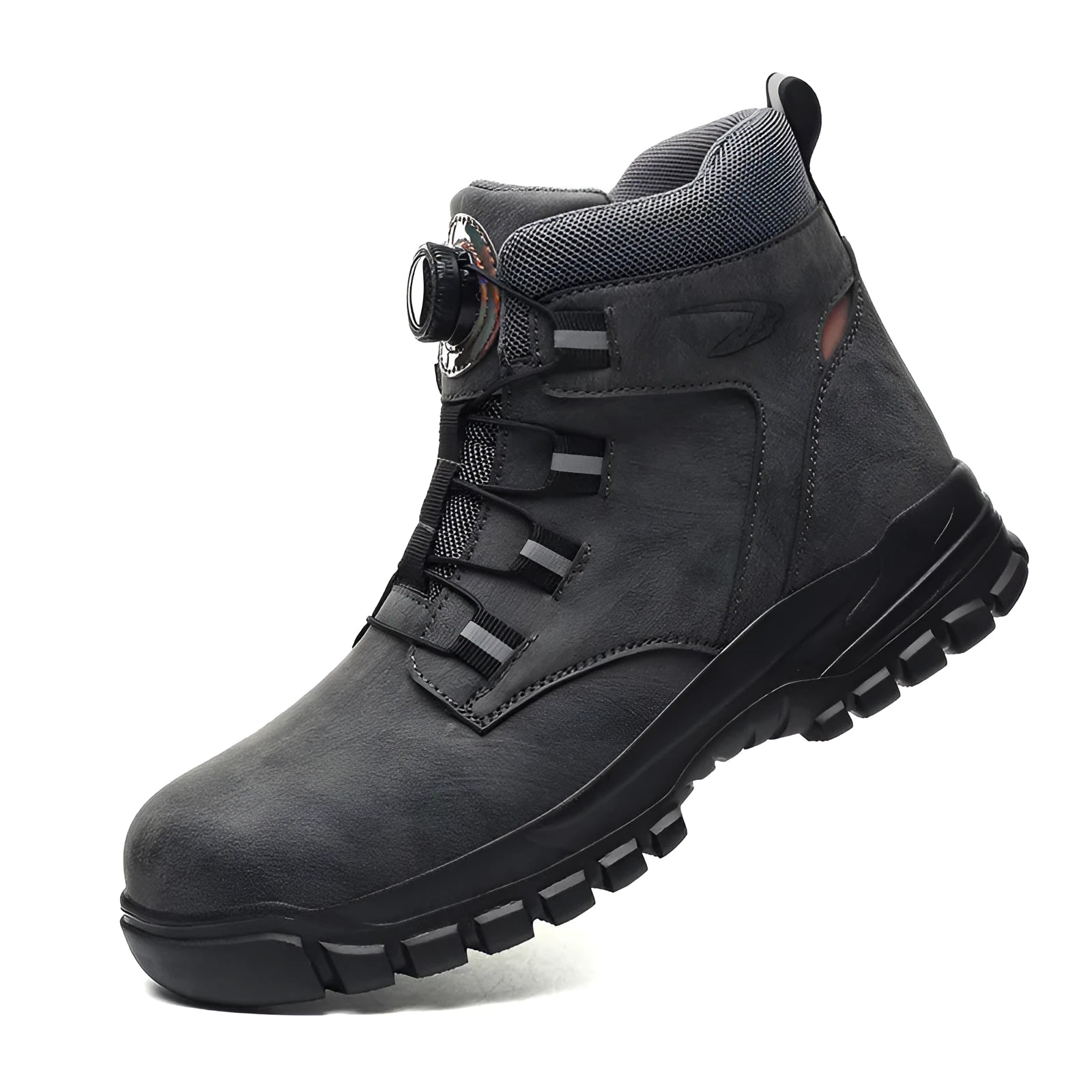 Men's black lightweight labour protection safety shoes with leather upper and rubber sole.