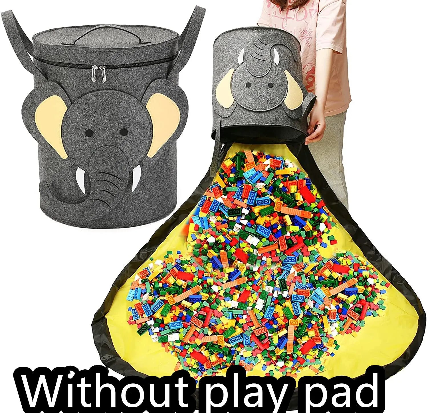 Green cube-shaped felt storage bag with a pull rope, shown as a toy organiser and play mat.