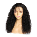 Curly human hair lace front wig in various lengths on a mannequin head, showing realistic hairline.