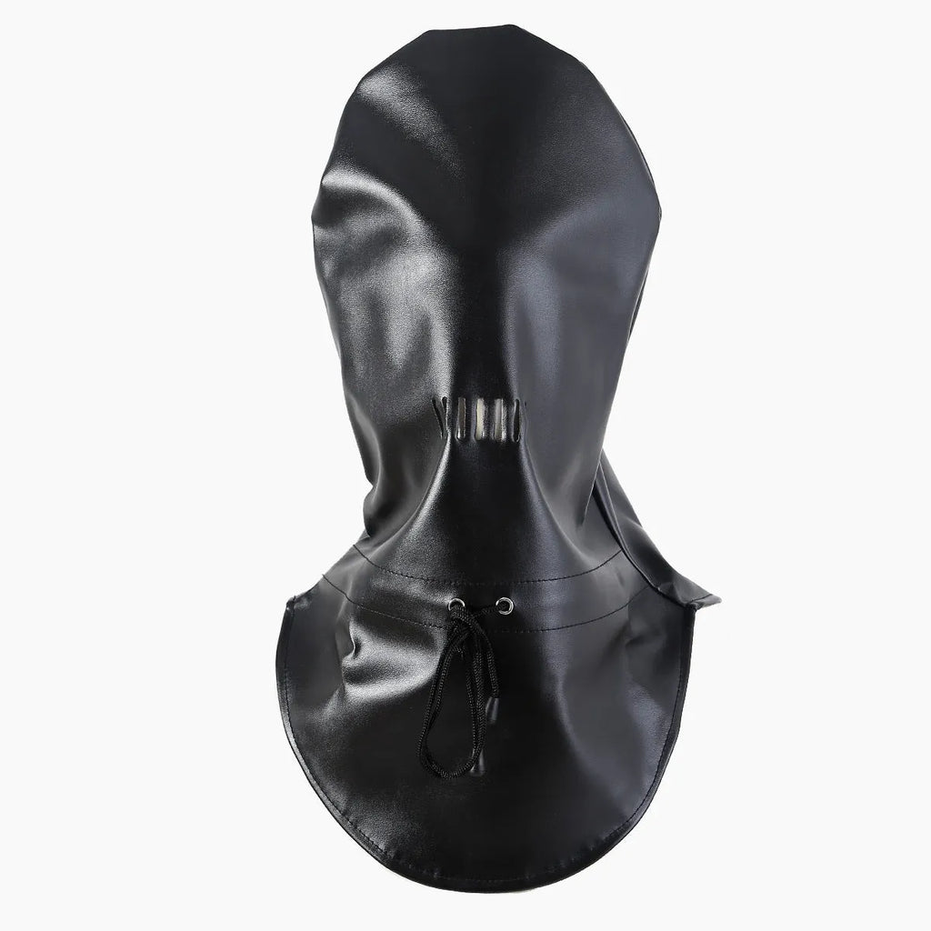 Black synthetic leather face mask for adult training with adjustable straps.