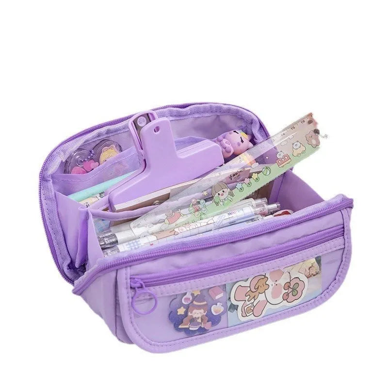 Korean-style ten-layer flip pencil case in canvas, shown in one of six available colours.
