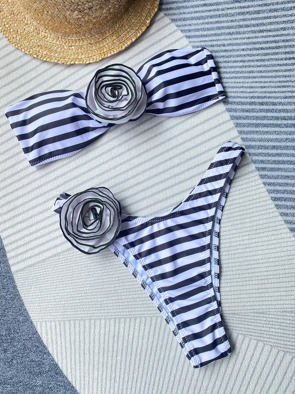 Cross-border tube top bikini with three-dimensional flower split pattern in striped colour option