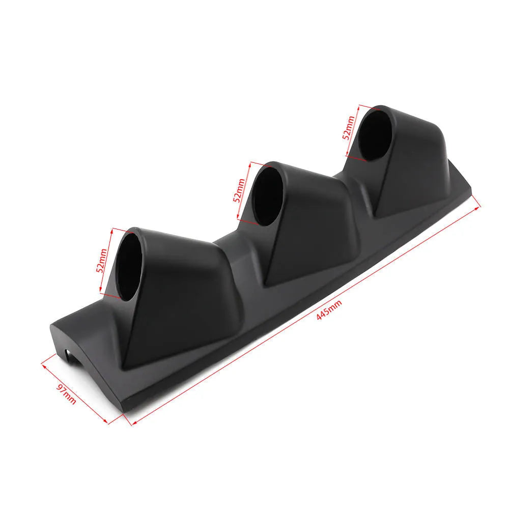 Black three-hole right drive instrument stand for 52mm car gauges on white background
