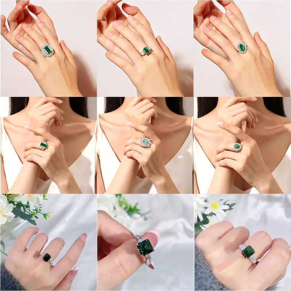 S925 sterling silver women's ring with ellipse emerald and inlaid high carbon diamond in geometric setting.
