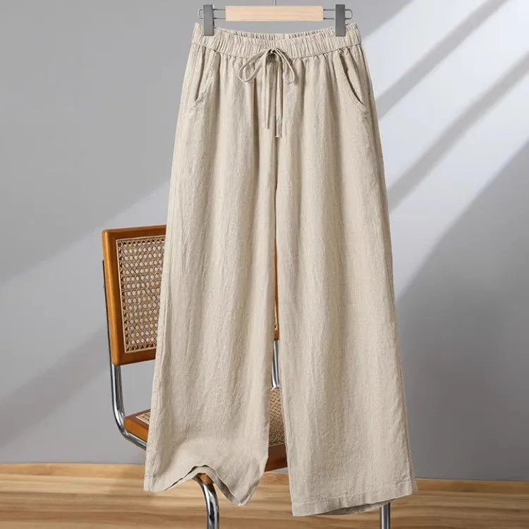 Women's straight-leg casual pants with elastic drawstring waist in four colour options
