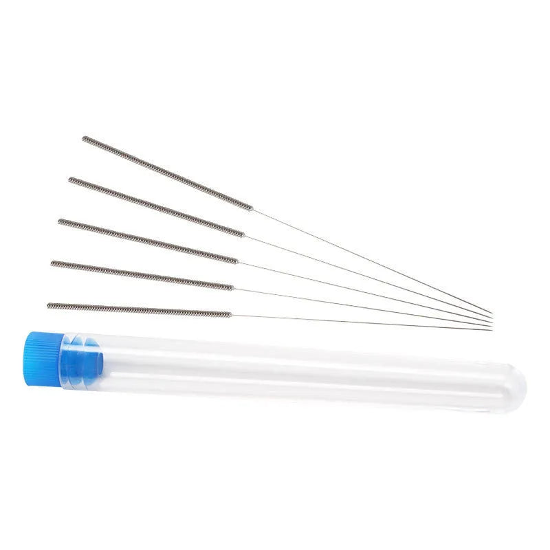 MK8 E3D 3D printer nozzle cleaning needles, ten pieces in a box, shown next to a nozzle.