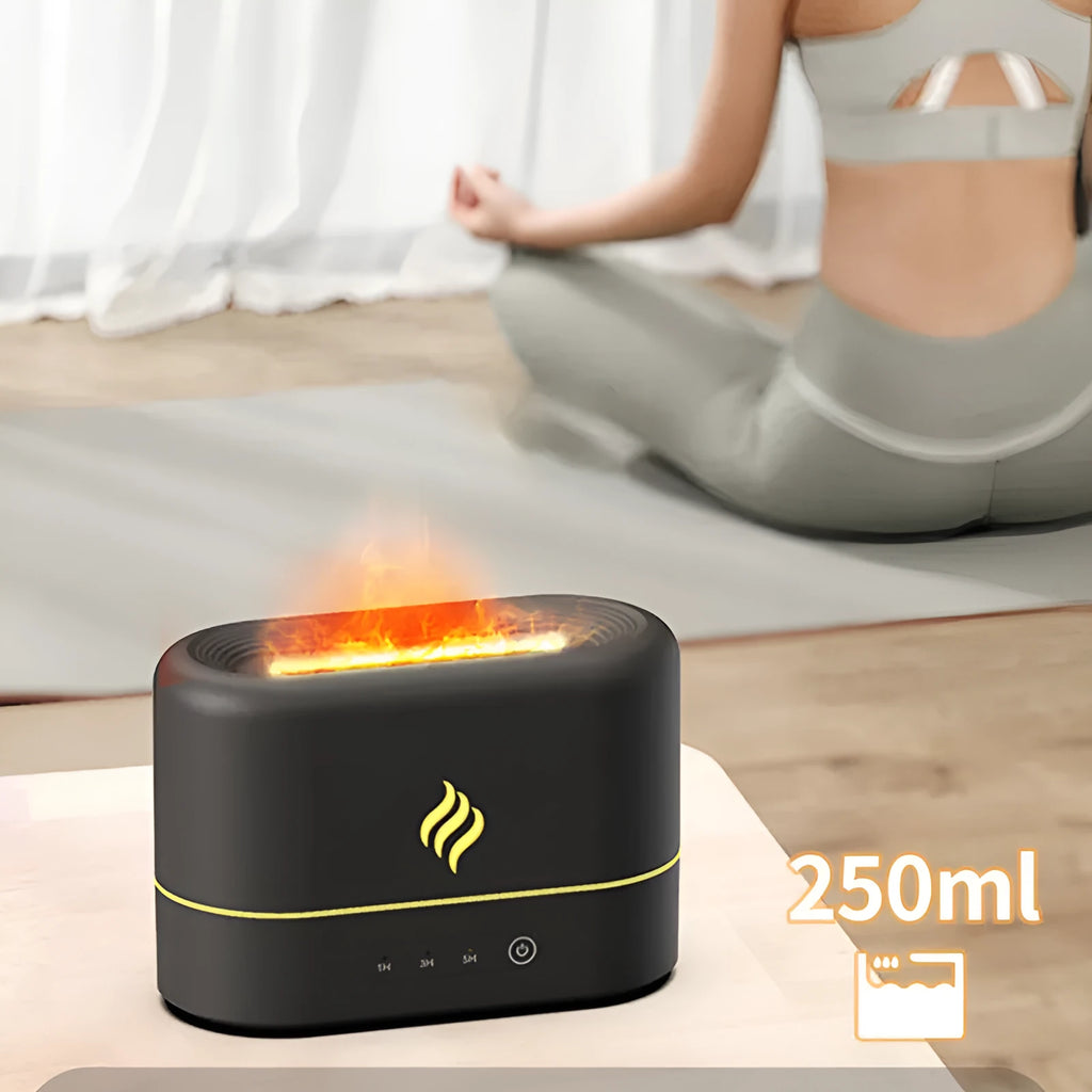 Black or white USB-powered humidifier with seven-colour flame light effect and mist output.