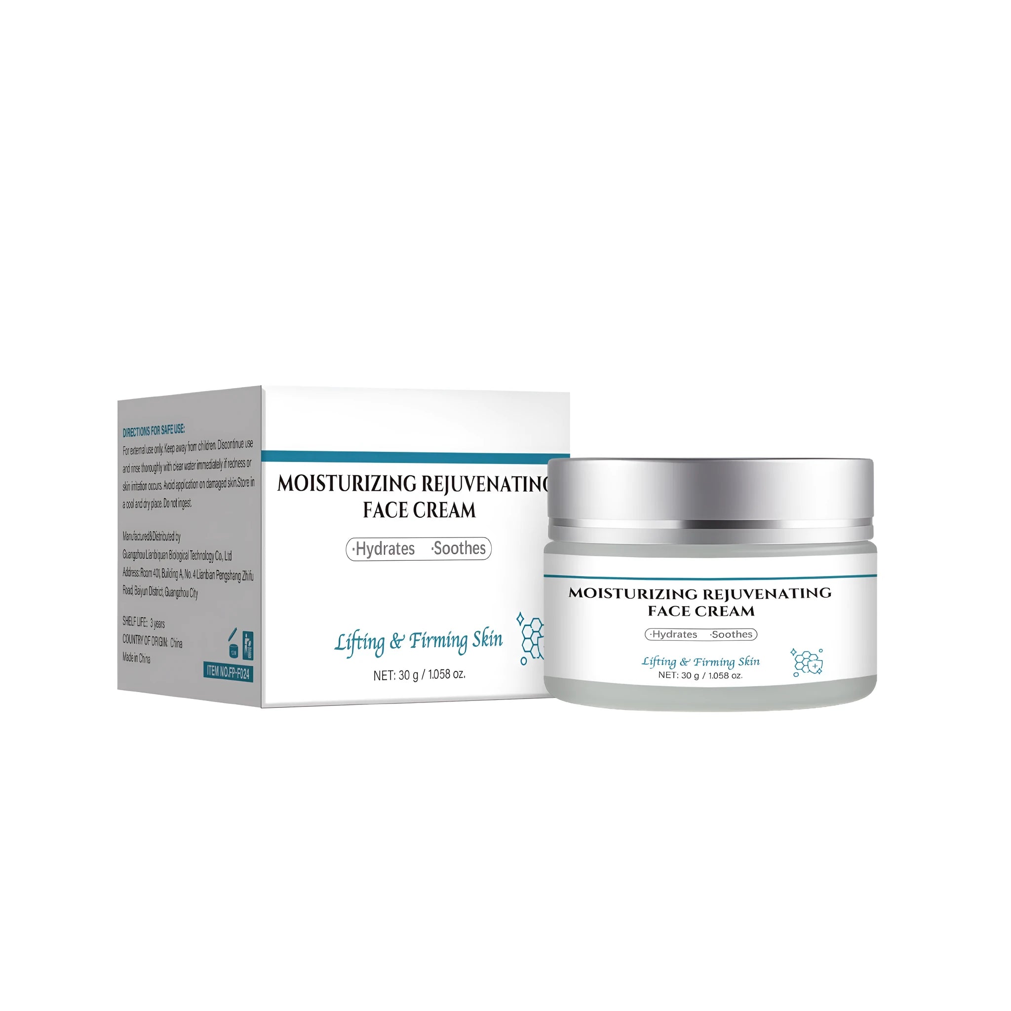 30g jar of anti-aging facial cream containing hyaluronic acid and vitamin E for daily skincare routines