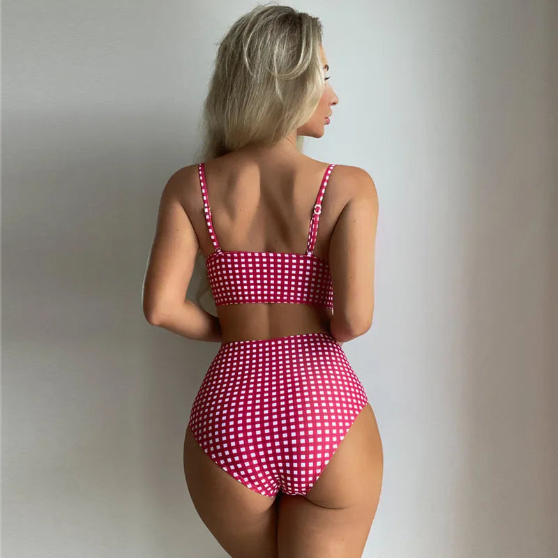 Women's high-waist plaid bikini swimsuit in rose red with separate top and briefs