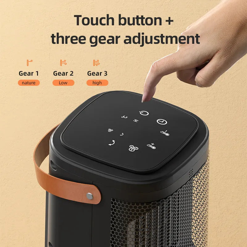 White portable fan heater with digital touch screen display and remote control.