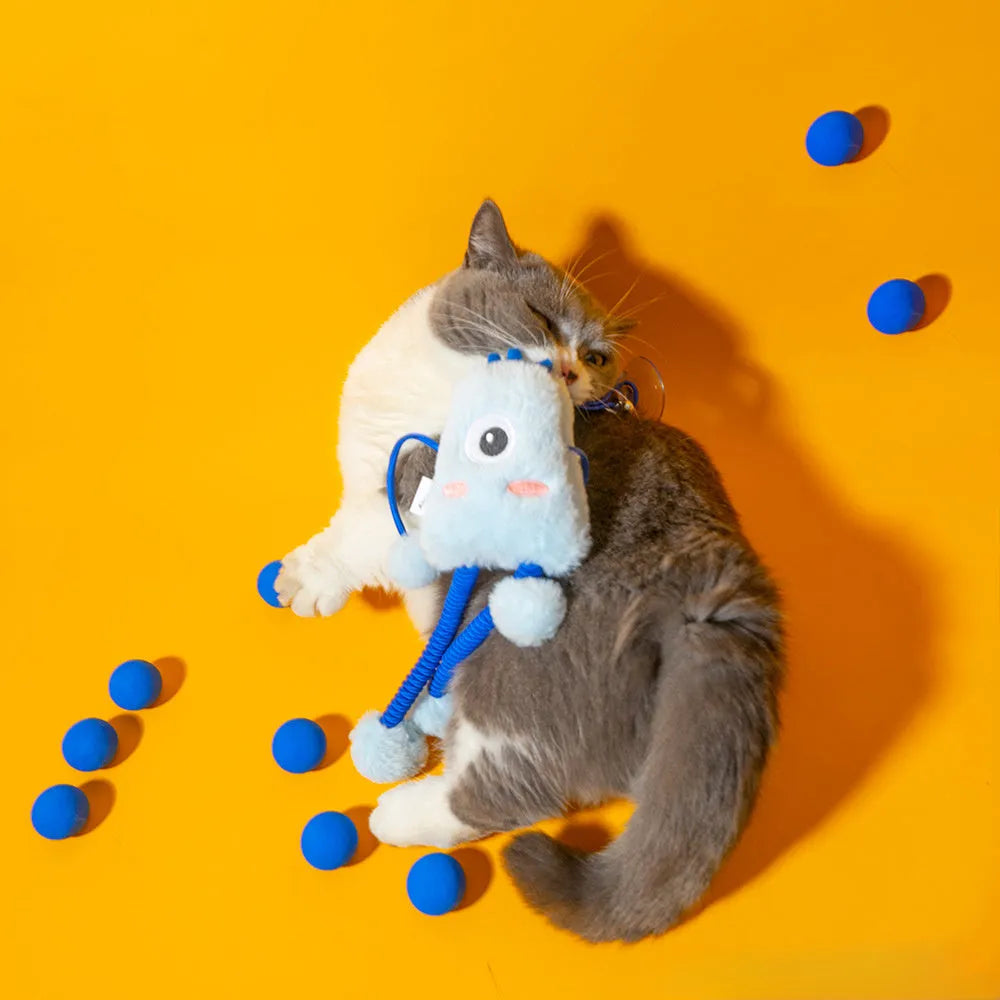 Blue cat plush toy with telescopic elastic pole, mint bell ring, and elastic rope on 30×30 cm base