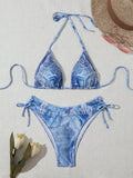 Women's denim blue printed bikini swimsuit with adjustable straps