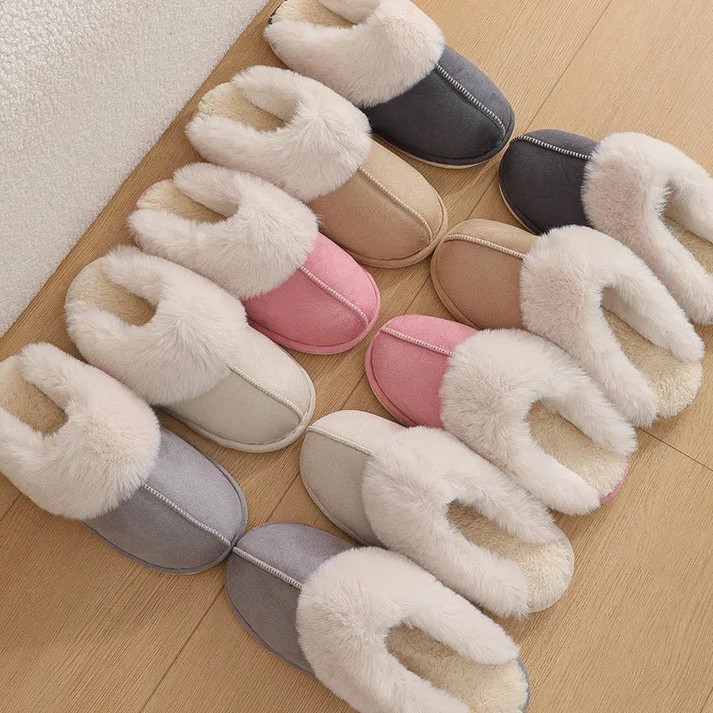 Women's brown plush indoor slippers with round toe, flat heel, and non-slip sole.