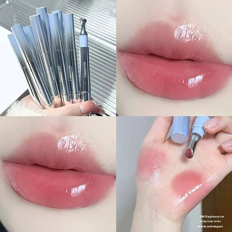 Mirror Water Light lipstick in six translucent ice shades on a white background.