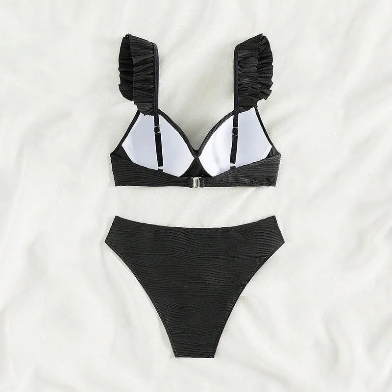 Solid colour women's polyester bikini set in black or khaki options