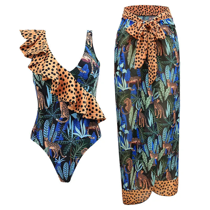 Women's solid colour one-piece swimsuit with spaghetti straps and a removable skirt attached
