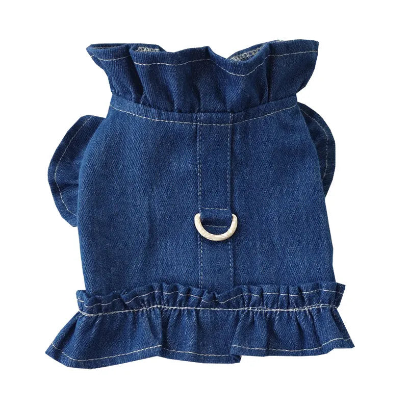 Blue denim dog dress vest with ruffles design and leash hooks on chest and back