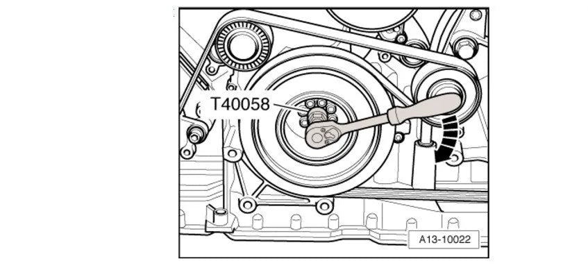Aodi T40058 crankshaft rotating sleeve timing tool with adapter showing directional arrows and diameter variations