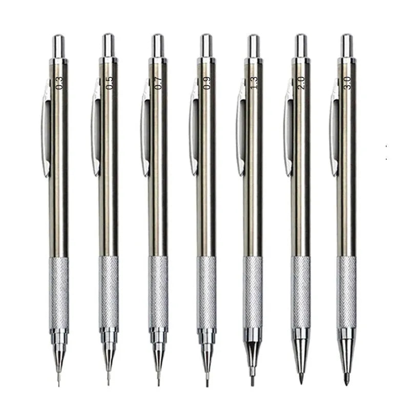 Metal mechanical pencil with automatic lead advancement mechanism and multiple lead size compatibility
