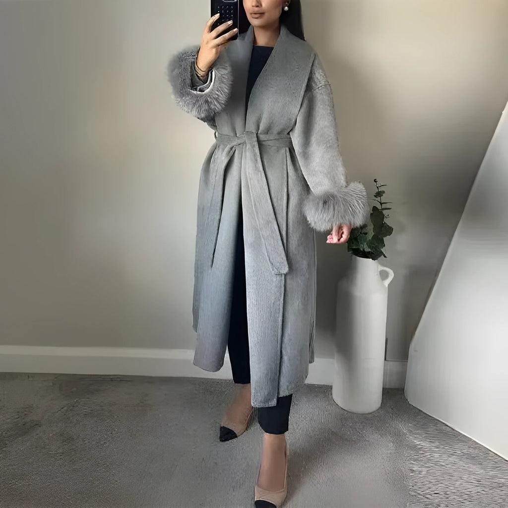 Solid colour lacing cuff woolen coat in apricot, loose fit polyester autumn winter jacket