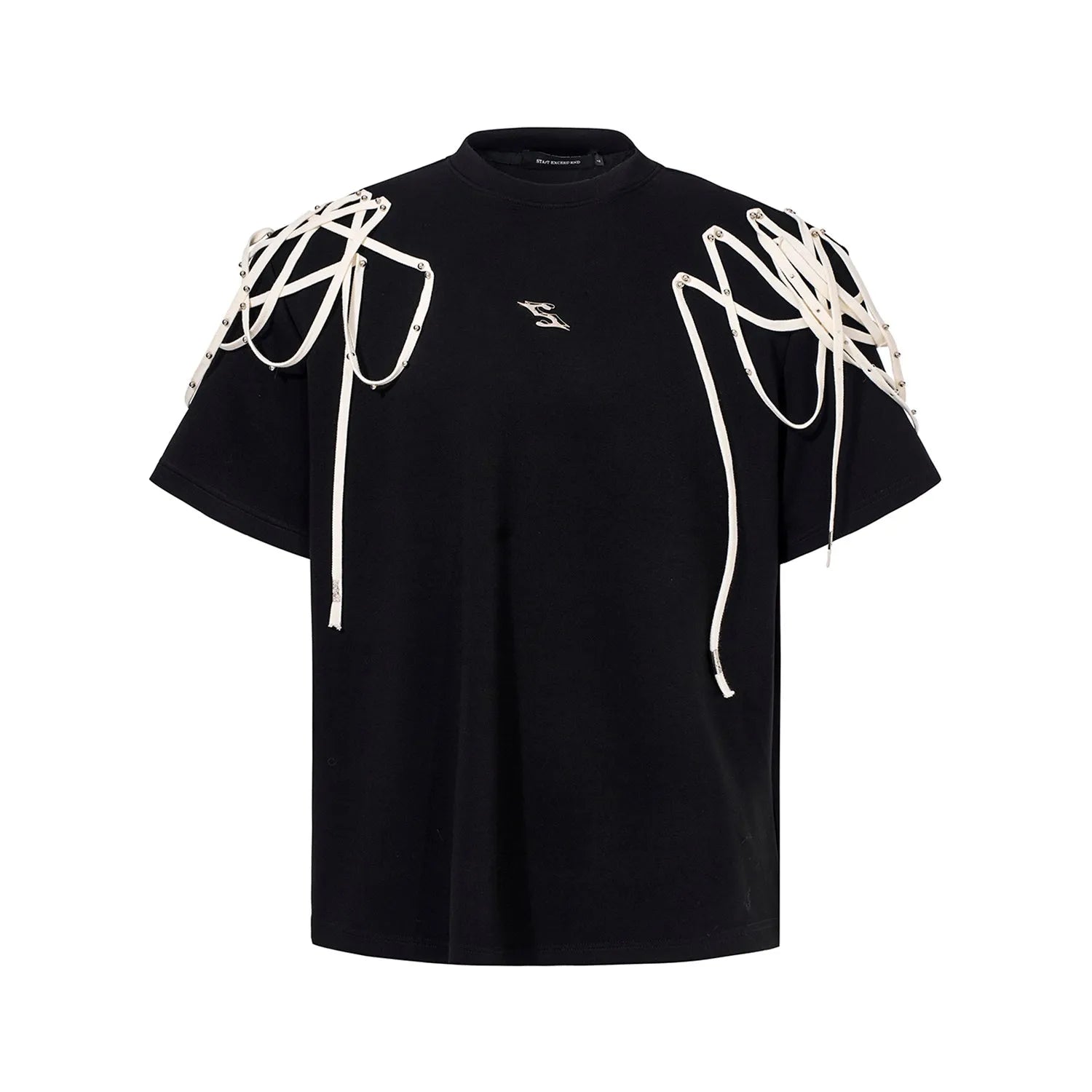 Black loose fit T-shirt with padded shoulder detail and rivet ribbon accent.
