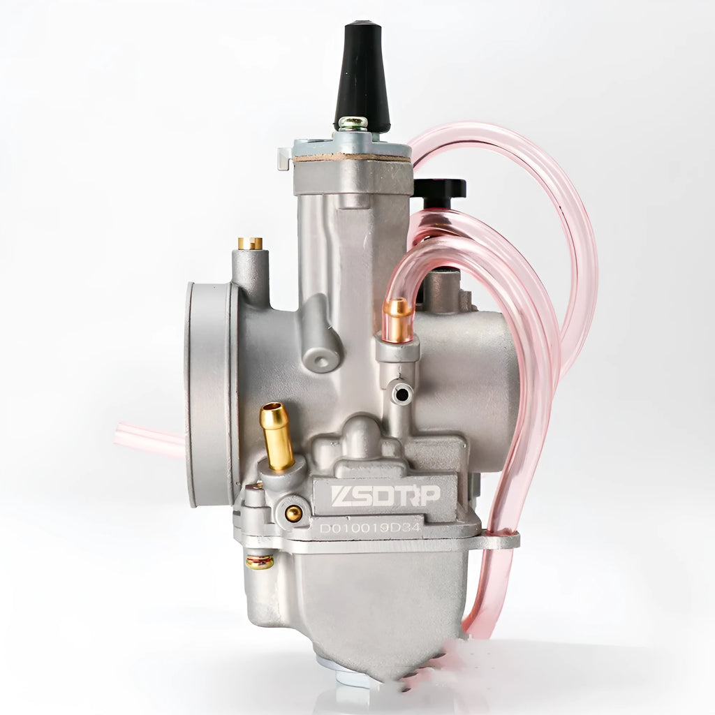 PWK sandblasting motorcycle carburetor for performance modification, shown in multiple bore sizes.