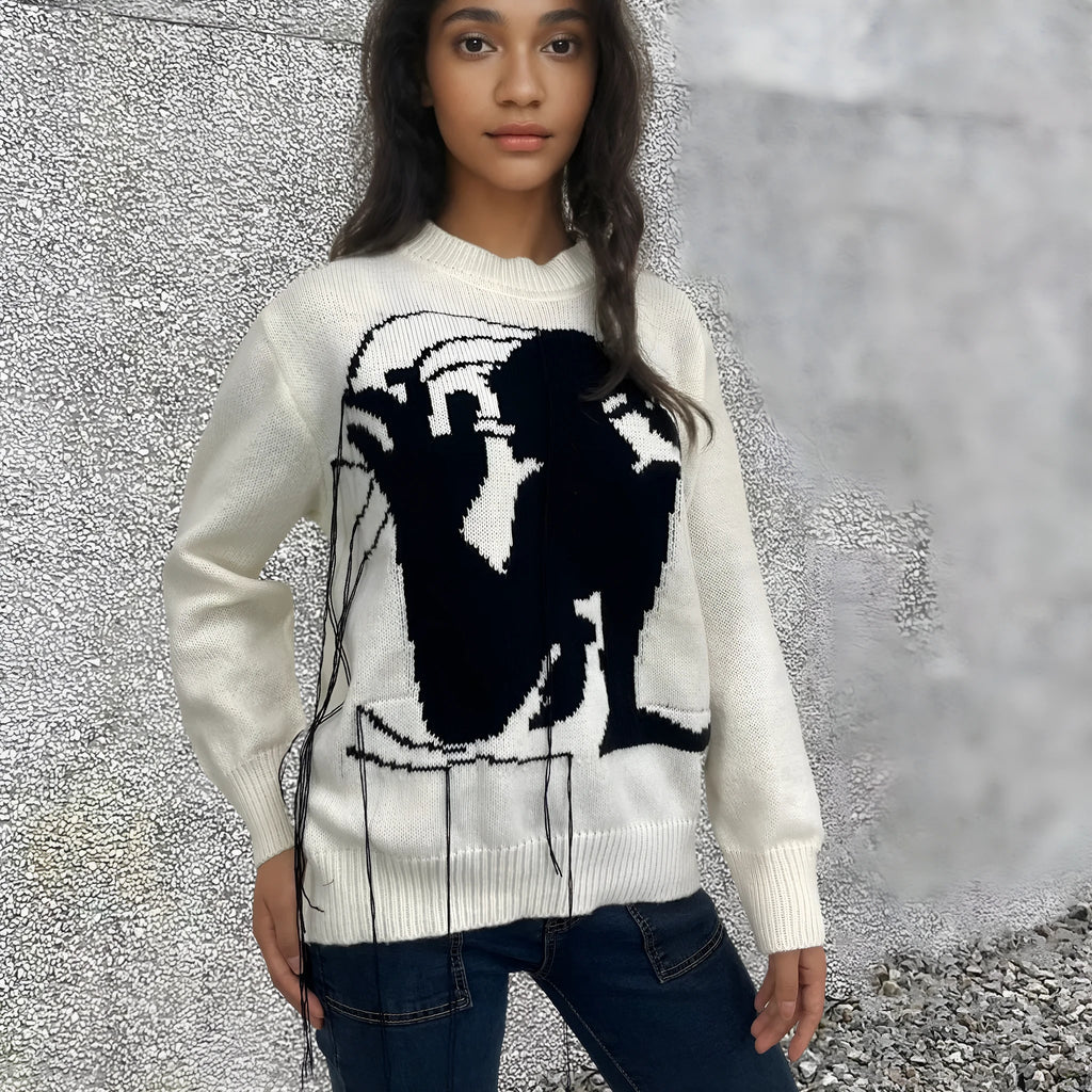 Women's loose grey alpaca wool sweater with tassel decoration and abstract pattern, round neck street fashion pullover