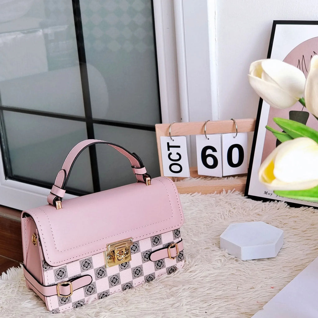 PU leather retro square crossbody bag with ethnic stitching and plaid patterns, shown in apricot colour.
