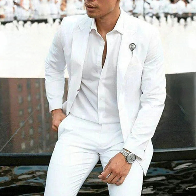 White men's two-piece slim fit wedding suit with jacket and trousers
