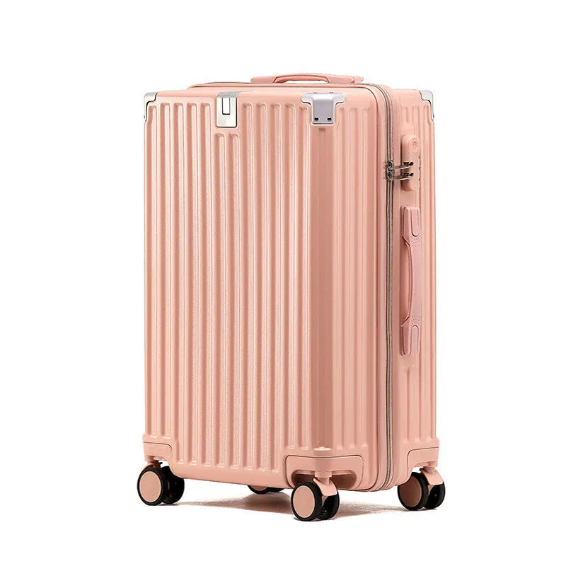 Aluminium frame trolley suitcase with USB port and universal wheels in avocado green colour.