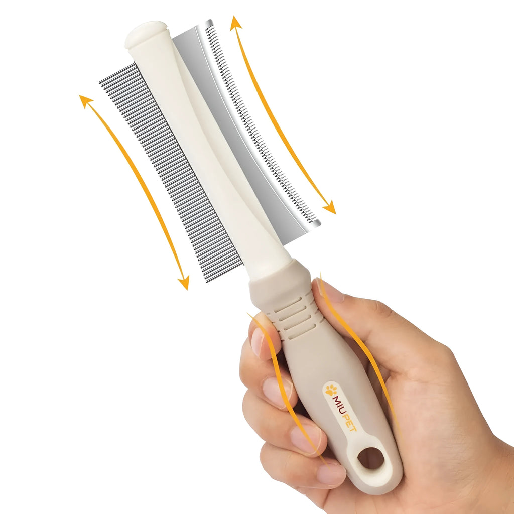 White double-sided pet brush with a curved comb on one end and a deshedding brush on the other, with a comfort-grip handle.