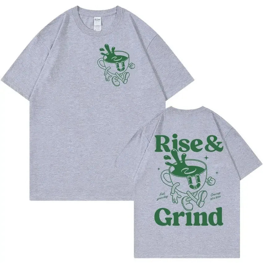 Loose fit men's cartoon t-shirt with Rise And Grind Green Coffee Fun Expression Bag graphic print.