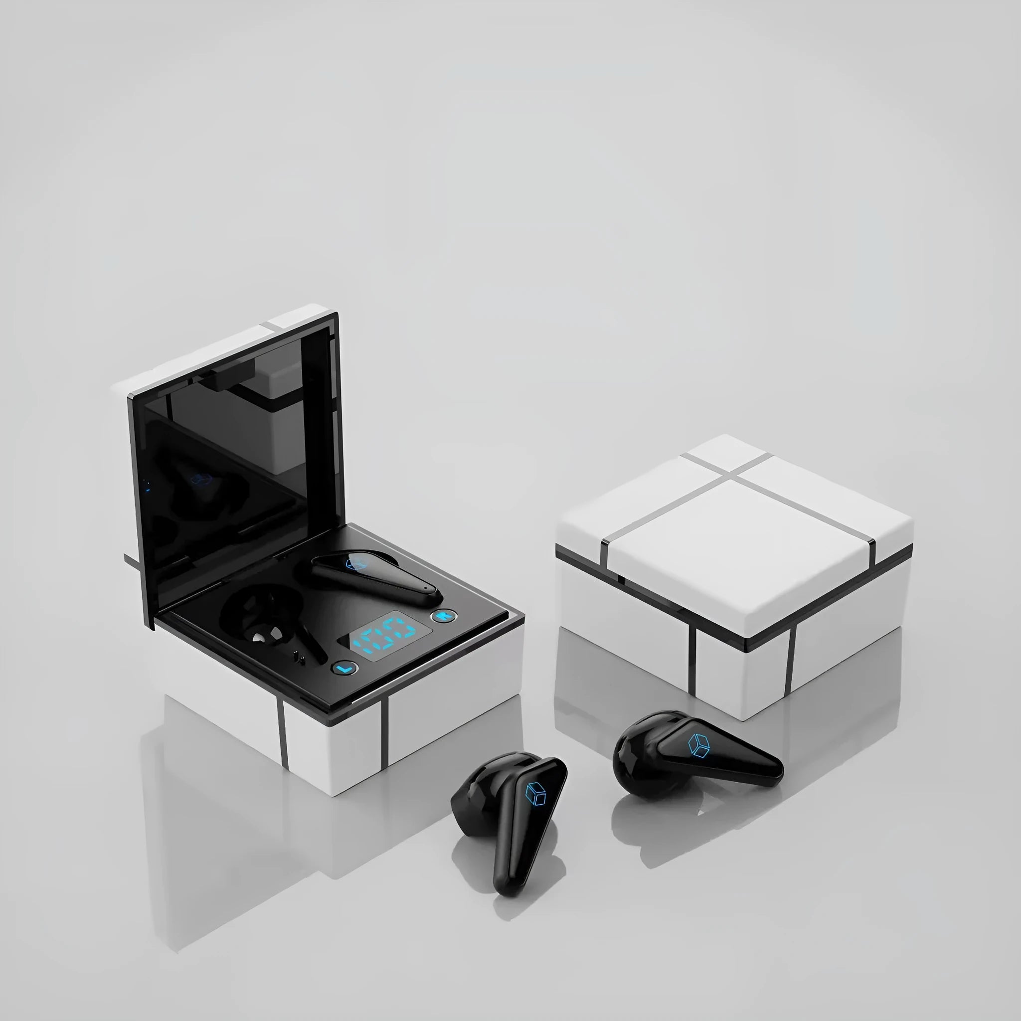 Gaming headset with digital display showing Bluetooth 5.0 and 300mAh battery specifications