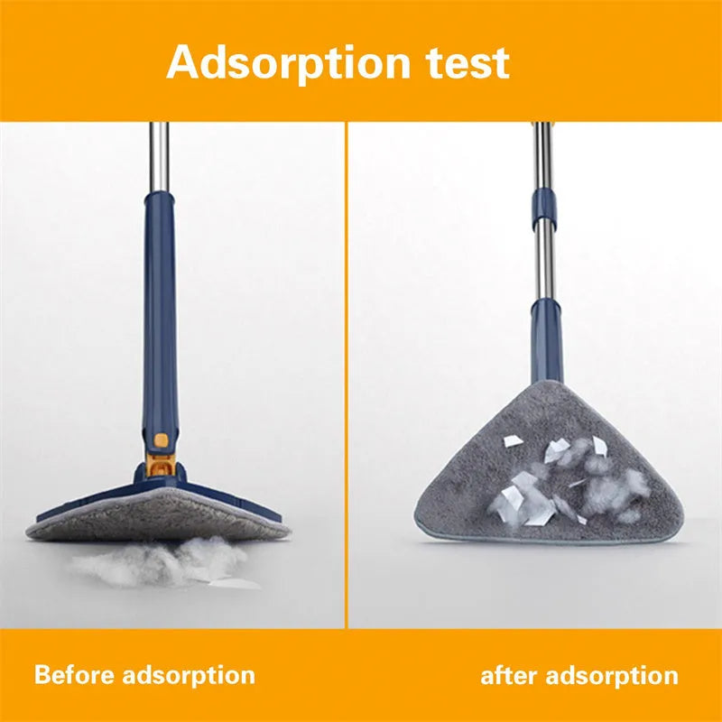 Extendable triangle mop with rotating blue head and stainless steel pole for cleaning corners and walls